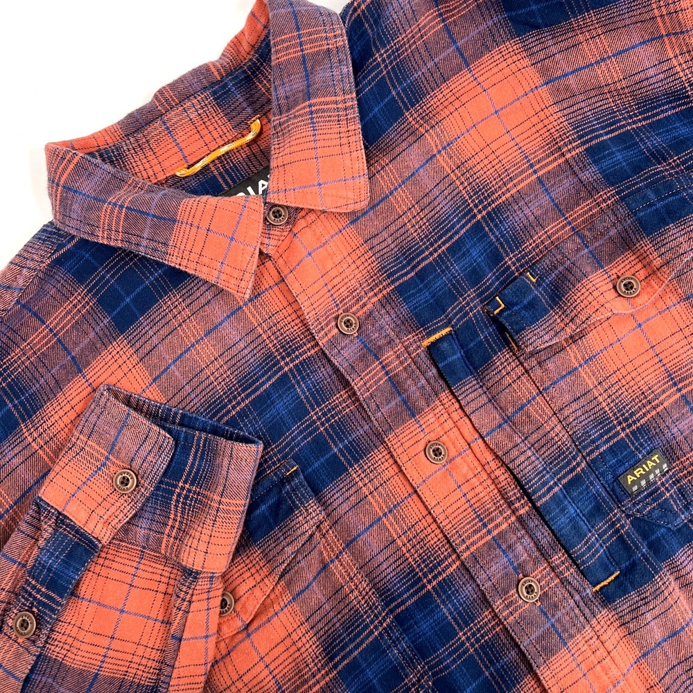 ARIAT Rebar Men's XL Tall Orange/Blue Plaid Long-Sleeve Button-Up Flannel Shirt